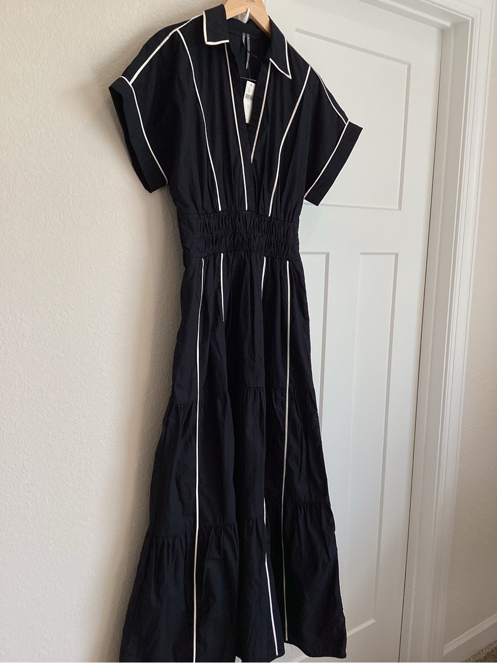 Anthropologie Somerset Dress Collared V-Neck Short-Sleeve Maxi Dress Black White - Picture 5 of 13